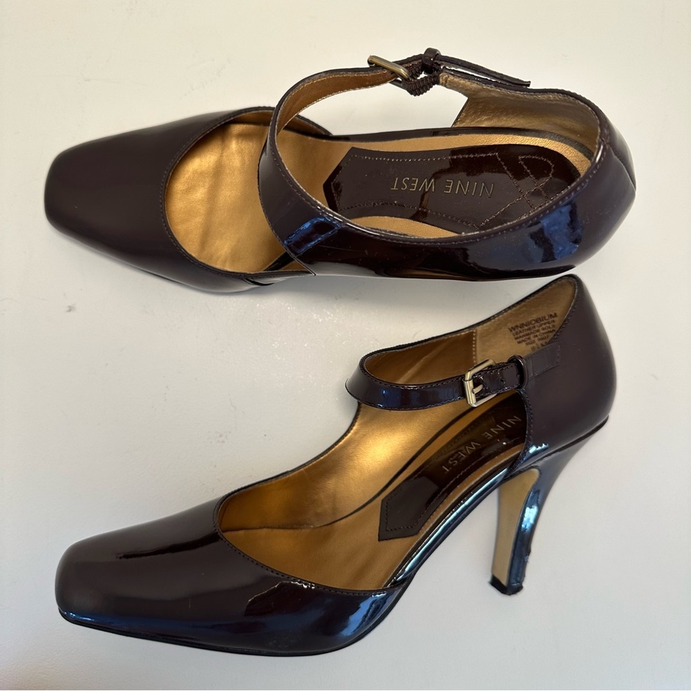 NINE WEST Patent Leather Brown Mary Jane Sandal Heel Ankle Strap Size 8.5